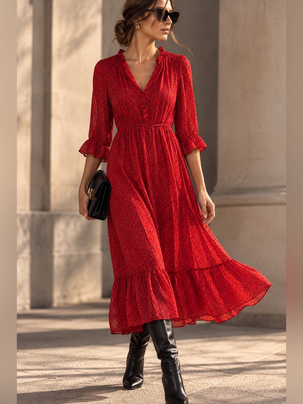 Zara Red Black Polka Dot Ruffle Midi Dress Size Small NWT